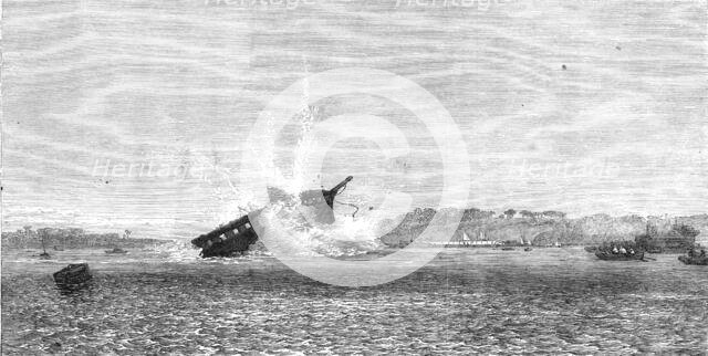 Experiments with torpedo-shells at Chatham: blowing-up of the Terpsichore by a 75-pounder, 1865. Creator: Unknown.
