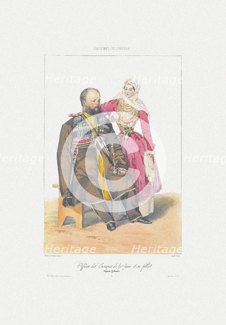 Terek Cossack with Daughter (From: Scenes, paysages, meurs et costumes du Caucase), 1840. Artist: Gagarin, Grigori Grigorievich (1810-1893)