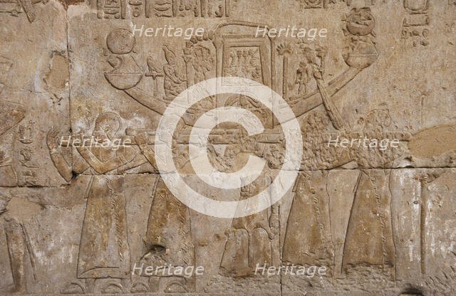 Relief depicting the sacred boat of Horus, Temple of Edfu, Egypt, Ptolemaic period, 237-57 BC (2003) Creator: LTL.