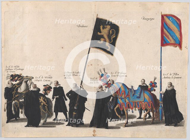 Plate 45: Men with heraldic flags and horses from the House of Brabant and Burgundy marchi..., 1623. Creator: Cornelis Galle I.