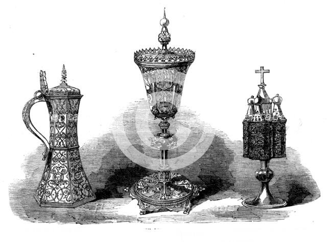 The Loan Collection, South-Kensington: Silver-gilt tankard; the Lynn Cup; chrismatory, 1862. Creator: Unknown.