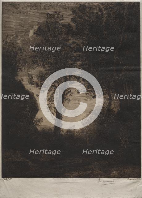 Landscape: Sunset, after Corot, c. 1858. Creator: Félix Bracquemond (French, 1833-1914); August Delâtre.