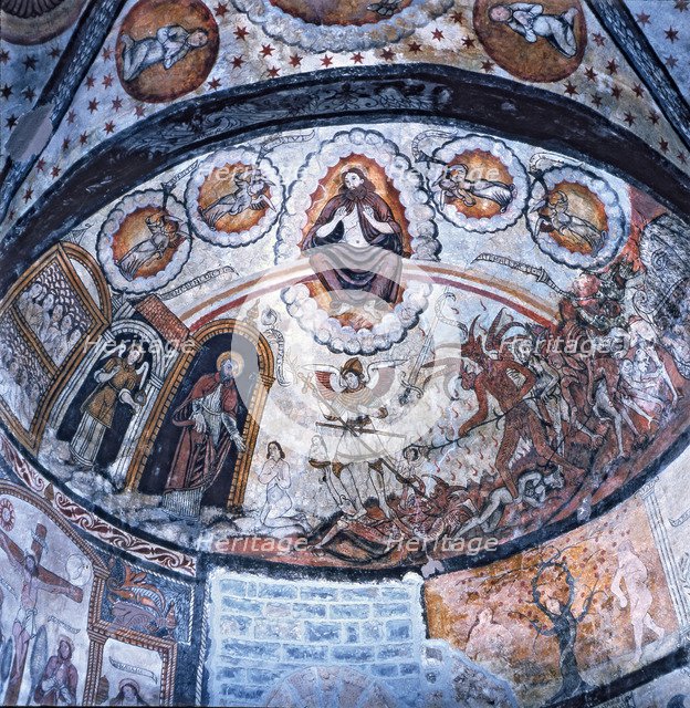  'The Last Judgement', 1599. The figure of archangel St. Michael weighing souls, mural painting o…