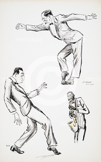 Two gentlemen in black tie perform La Danse Havas to the saxophone, from 'White Bottoms' pub. 1927.