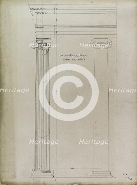 Orders of Architecture, Greek Ionic Order from the Temple of Minerva Polias, Elevation, 1870. Creator: Carl J Furst.