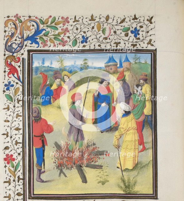 Peter Bartholomew Undergoing the Ordeal by Fire. Miniature from the Historia by William of Tyre, 1460s. Artist: Anonymous  