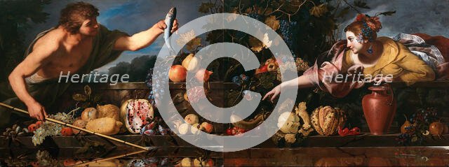 Idyll at the fountain basin (still life with male figure and still life with..., c.1655-1658. Creator: Maestro S. B. (active 1633-1655).