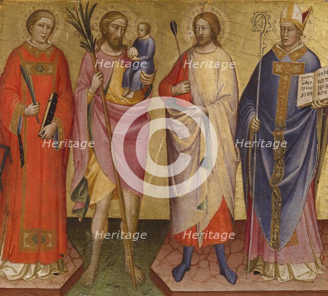 Saints Lawrence, Christopher, Sebastian, and a Bishop Saint, 1420-1430. Creator: Mariotto di Nardo.