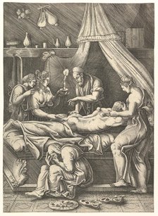 An allegory of sickness, man laying prostrate on a bed surrounded by figures, ca. 1540. Creator: Giorgio Ghisi.
