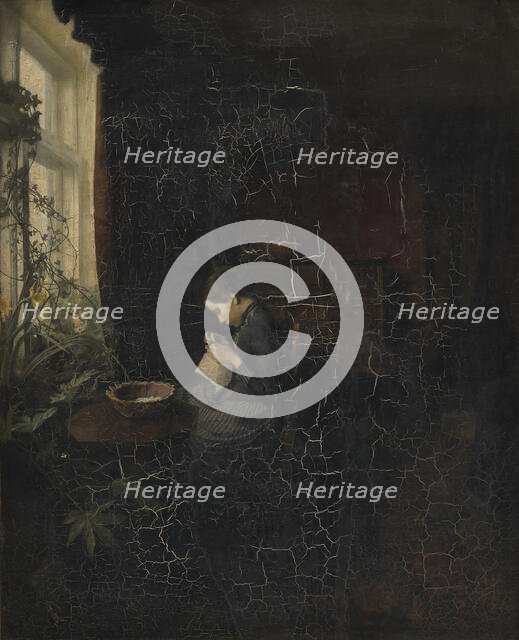 Interior with a Girl Sewing, 1888. Creator: Carl Holsoe.