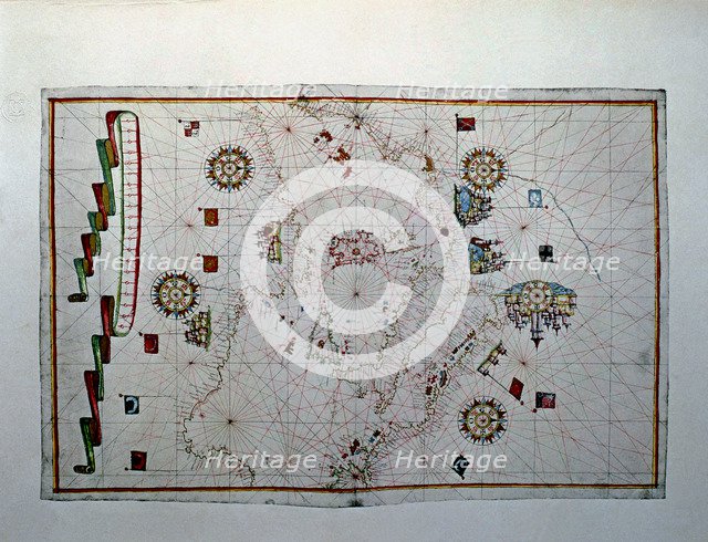 Atlas of Joan Martines, Messina, 1582. Portulan chart of the Mediterranean sea, with its islands,…