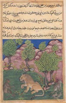Tuti-Nama (Tales of a Parrot): Tale XXVIII: The Monkey Advises the Suspicious Lion..., c. 1560. Creator: Unknown.