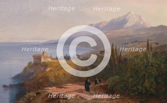 Mount Athos and the Monastery of Stavronikétes, 1857. Creator: Edward Lear.