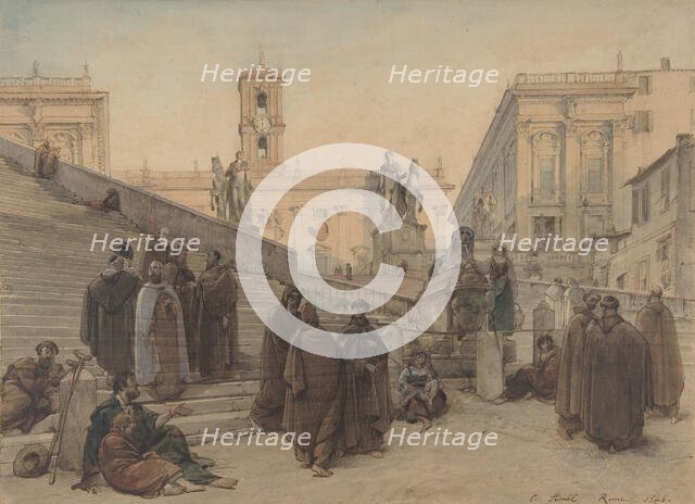 The Campidoglio seen from the Staircase of the Church of the Aracoeli, Rome, at Sunset, 1846. Creator: Charles-Francois Houel.