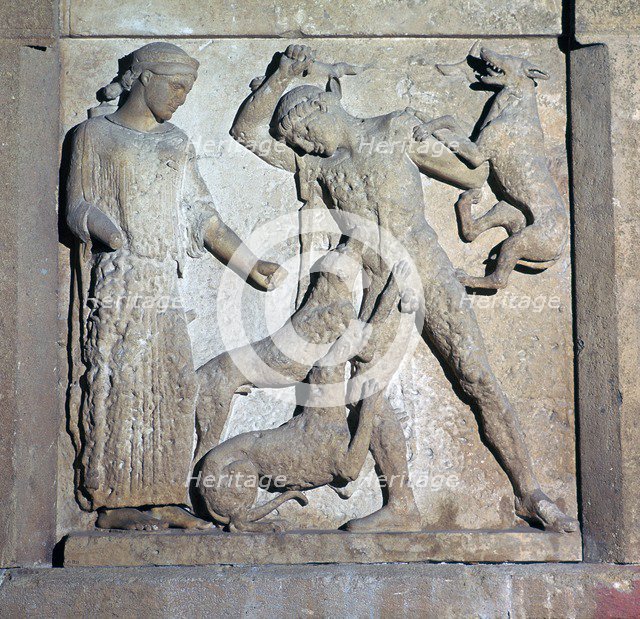 Archaic metope showing Actaeon and Artemis, 5th century BC. Artist: Unknown