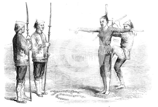 Garotting a Chinese Criminal - from a drawing by a Chinese artist, 1857. Creator: Unknown.