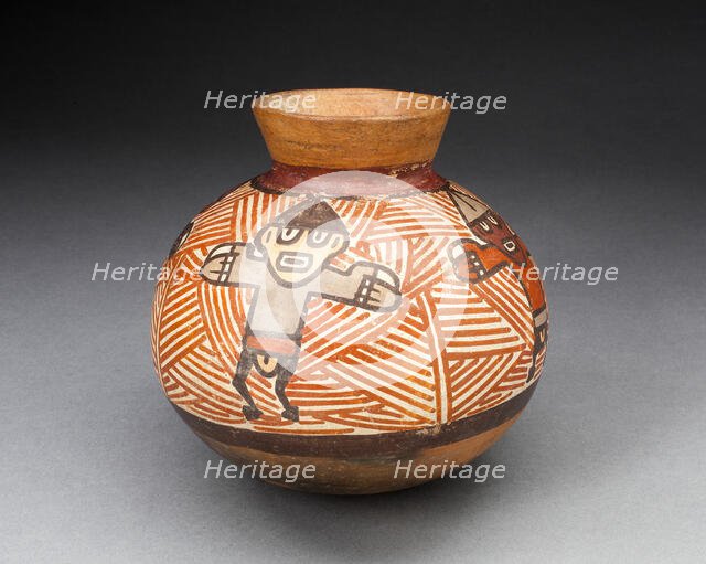 Small Jar Depicting Figures with Outstretched Arms, Standing against Red-Striped..., 180 B.C./A.D. 5 Creator: Unknown.