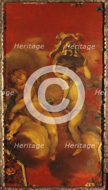 Deux Génies avec un casque, between 1740 and 1750. Creator: Unknown.