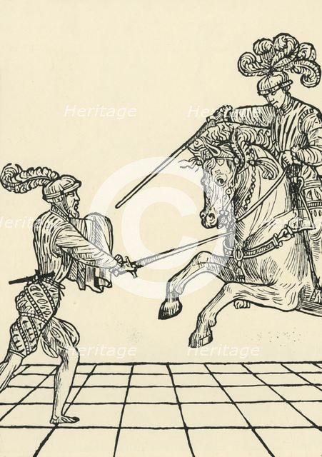 Sword fight between foot-soldier and knight, c1536, (1903). Creator: Unknown.