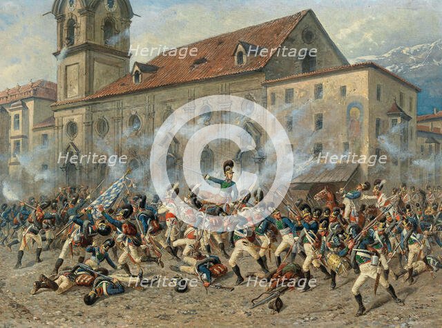 Colonel Karl Freiherr von Ditfurth (1774-1809) fighting the Tyroleans in front of..., April 12, 1809 Creator: Braun, Louis (1836-1916).
