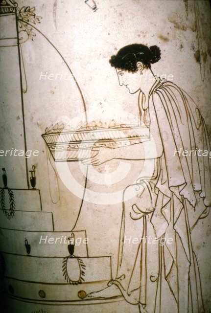 Greek Vase-Painting, A woman brings offering to an altar, c5th century BC. Artist: Unknown.