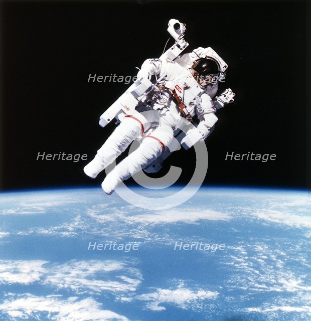 US Astronaut Bruce McCandless spacewalking, 1984. Artist: Unknown