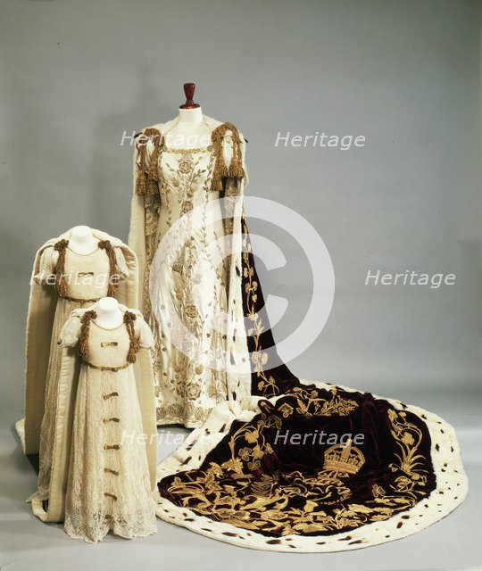 Coronation dresses and robes worn by the Queen Mother and Princesses Elizabeth and Margaret, 1937. Creator: Madame Handley-Seymour.