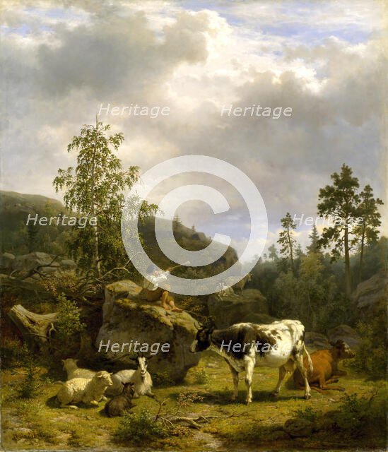 Forest Landscape with a Shepherd Boy and Cattle, 1856. Creator: Nils Andersson.