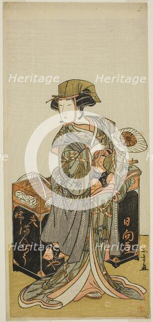 The Actor Nakamura Tomijuro I as the Female Beancake Peddler Hyugaya in the Play..., c. 1777. Creator: Shunsho.