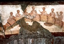 Eucharistic banquet, fresco from the catacombs of St. Callistus in Rome.