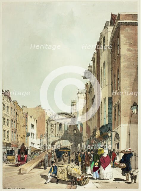 Temple Bar from The Strand, plate 22 from Original Views of London as It Is, 1842. Creator: Thomas Shotter Boys.