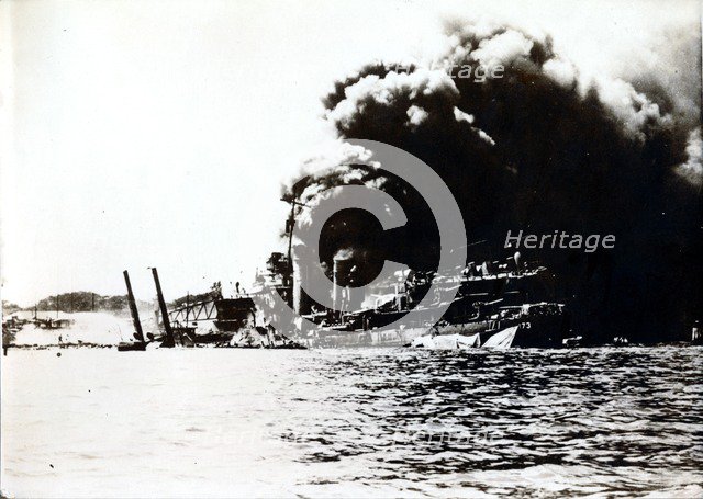 USS Shaw, attack on Pearl Harbor, December 7th, 1941. Artist: Unknown