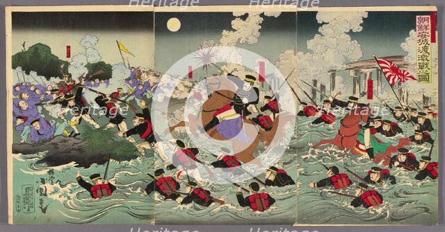 Fierce Fighting at Anseong Crossing in Korea (Chosen Anjo watashi no gekisen no zu), 1894. Creator: Utagawa Kokunimasa.