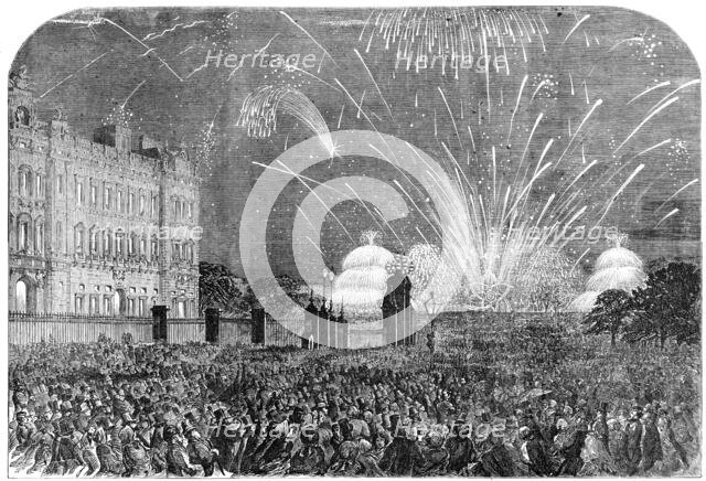 The Peace Commemoration: the Fireworks, sketched from the Mall, in St. James's Park, 1856.  Creator: Unknown.