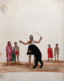 A man with his performing bear watched by a group of people, (between 1800 and 1899?). Creator: Unknown.