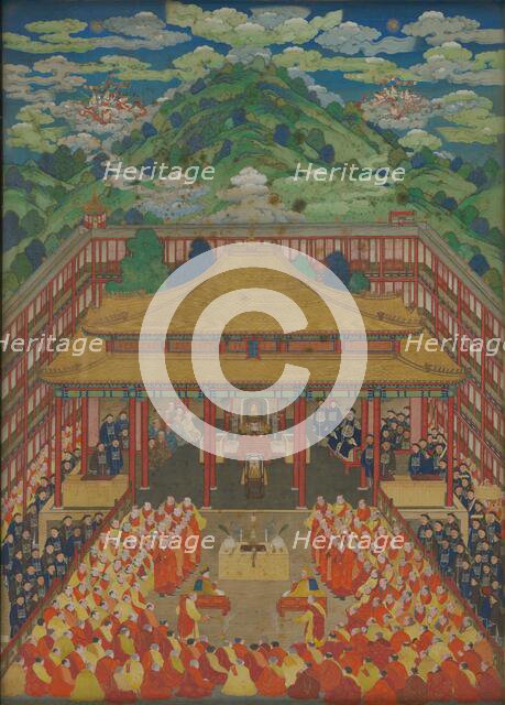 Emperor Qianlong receives Ubashi Khan, the Torghut ruler of the Kalmyk Khanate, at the Putuo... Creator: Anonymous.