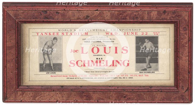 Advertisement for boxing match between Joe Louis and Max Schmeling, 1938. Creator: Unknown.