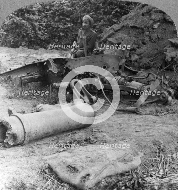 Shattered remains of a luckless howitzer blown up by a direct German hit, World War I, c1914-c1918. Artist: Realistic Travels Publishers