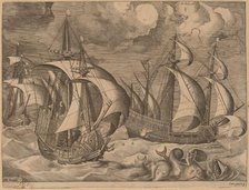 Three Caravels in a Rising Squall with Arion on a Dolphin, 1565. Creator: Frans Huys.