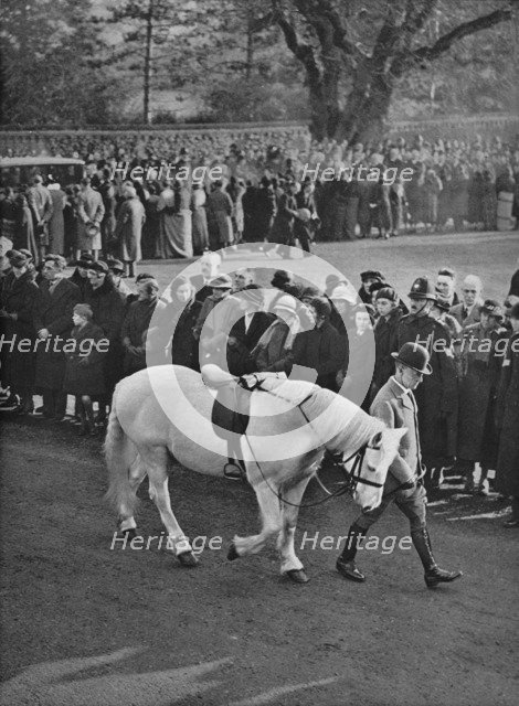 'The Empty Saddle: King George's white pony, Jock, being led in procession', 1936. Artist: Unknown.