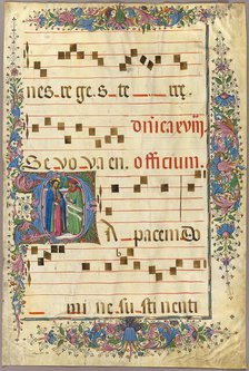 Page from a Choirbook with Christ and a Pharisee in a Historiated Initial "D", 1430/90. Creator: Master of the Cypresses.