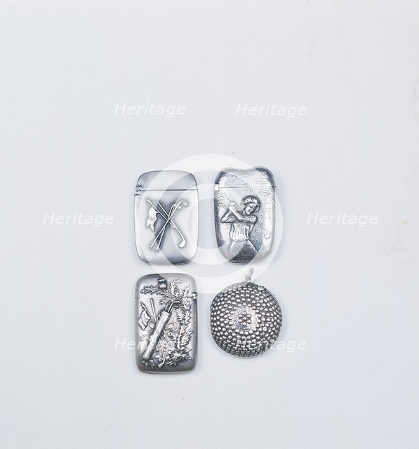 Selection of four silver match strikers with a golfing theme, 1908-15. Artist: Unknown