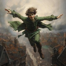 AI IMAGE - Portrait of Peter Pan flying over houses, 2023. Creator: Heritage Images.