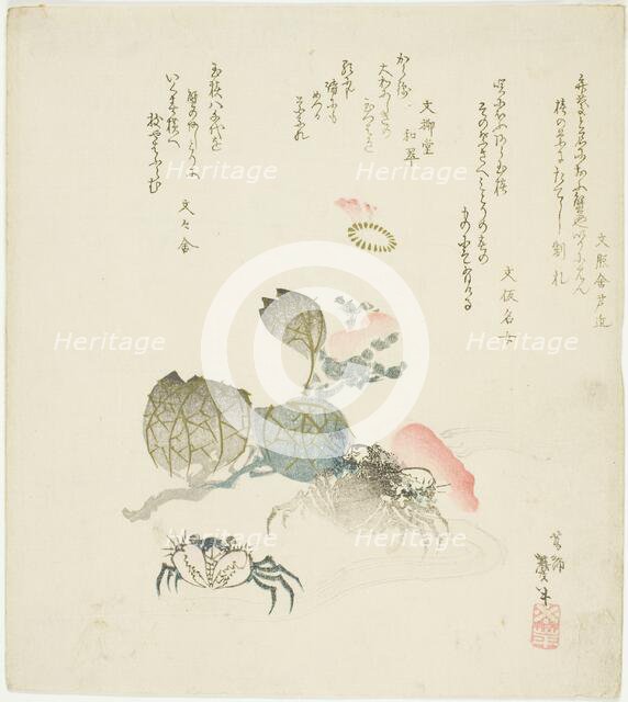 Two crabs by a spray of camellia, Japan, late 1820s-early 1830s. Creator: Katsushika Taito.