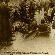 Injured soldiers at the first-aid post, Froideterre, Verdun, northern France, 1917. Artist: Unknown.