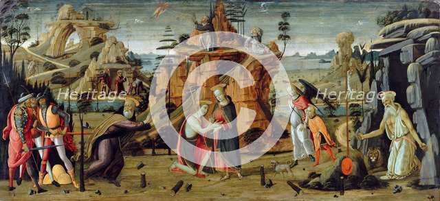 Landscape with biblical scenes and legends of the saints. Artist: Jacopo del Sellaio (1442-1493)