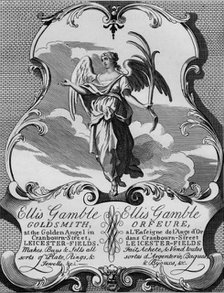 Trade card of goldsmith Ellis Gamble, 1720s, (1827). Creator: Thomas Cook.