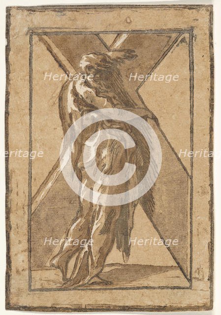 Saint Andrew standing in profile holding a large cross from a series of 'Twelve Apo..., ca. 1540-50. Creator: Unknown.
