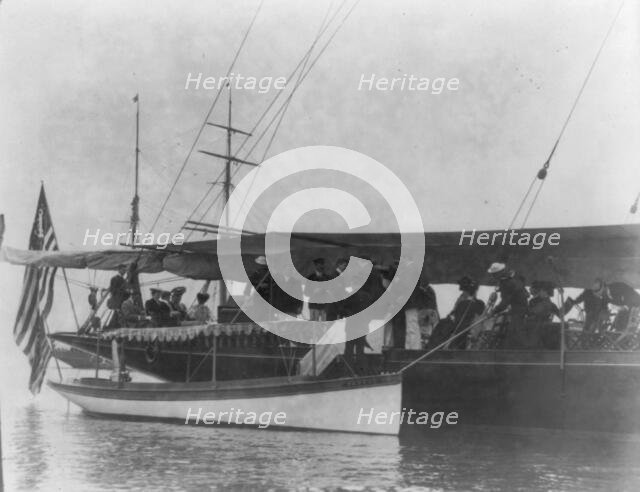 Presidential yacht at Oyster Bay, L.I., 1905: guests boarding from launch, 1905. Creator: Frances Benjamin Johnston.