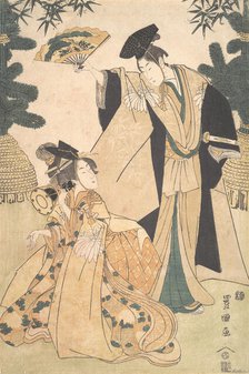 Young Lady with Drum and Man with Fan Saluting Her. Creator: Utagawa Toyokuni I.